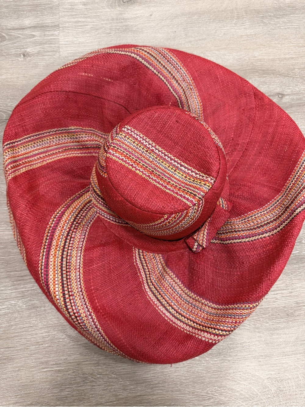 Anthropologie Red Wide-Brim Sun Hat with Multicolor Stripe Bands